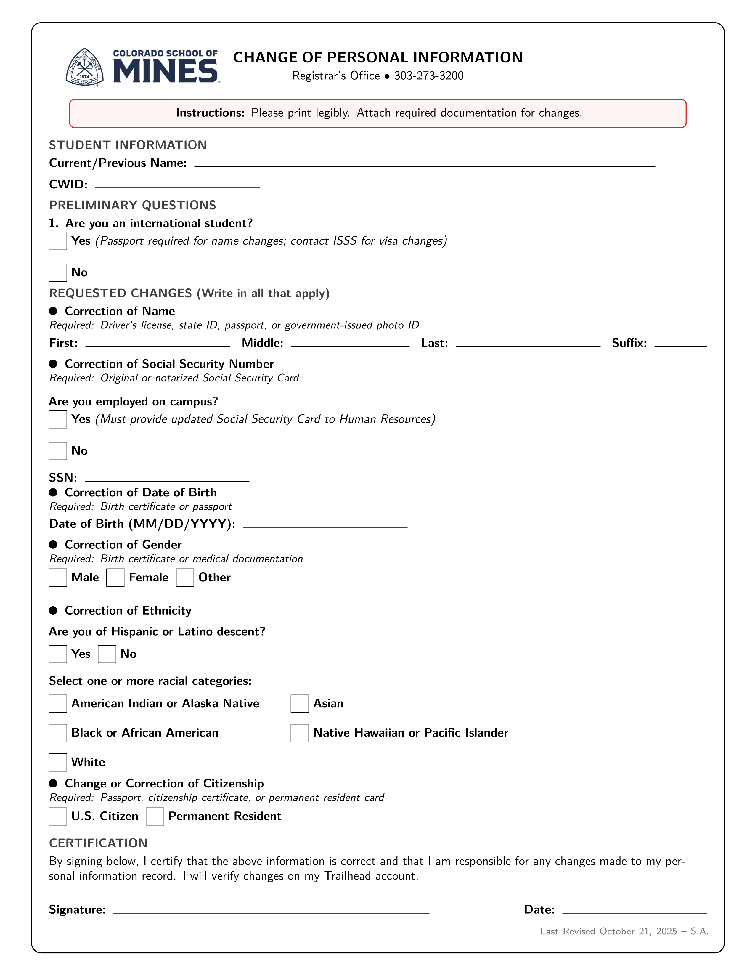 Change of Personal Information Form